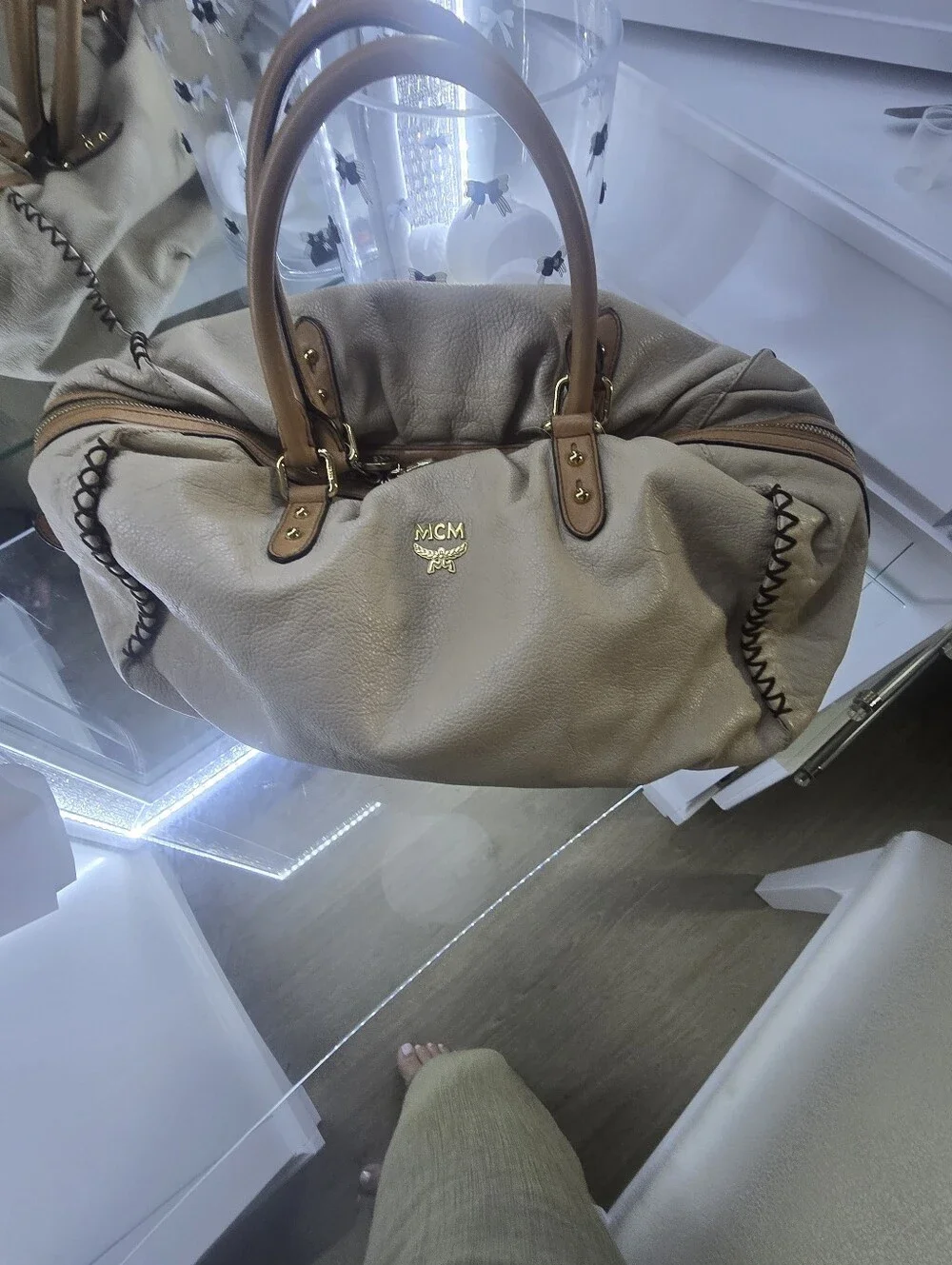 MCM Taupe Leather Dual-Handle Shoulder Bag with Gold Logo - Picture 1 of 6